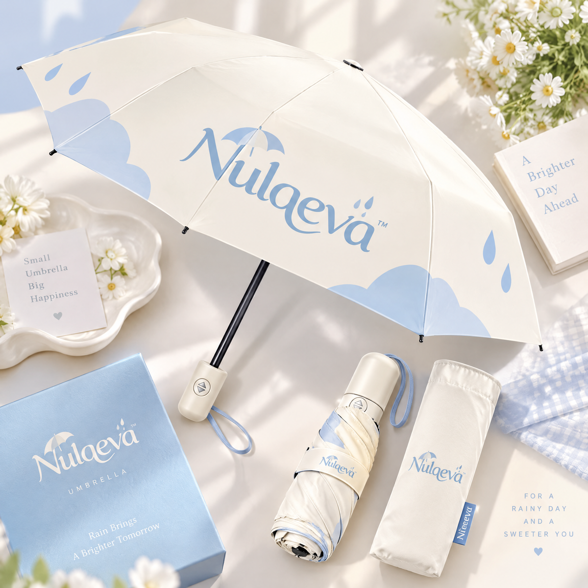 Nulqeva™ Automatic Compact Folding Umbrella – Pastel Cloud &amp; Rain Print, Portable Windproof Umbrella with Matching Sleeve &amp; Gift Box