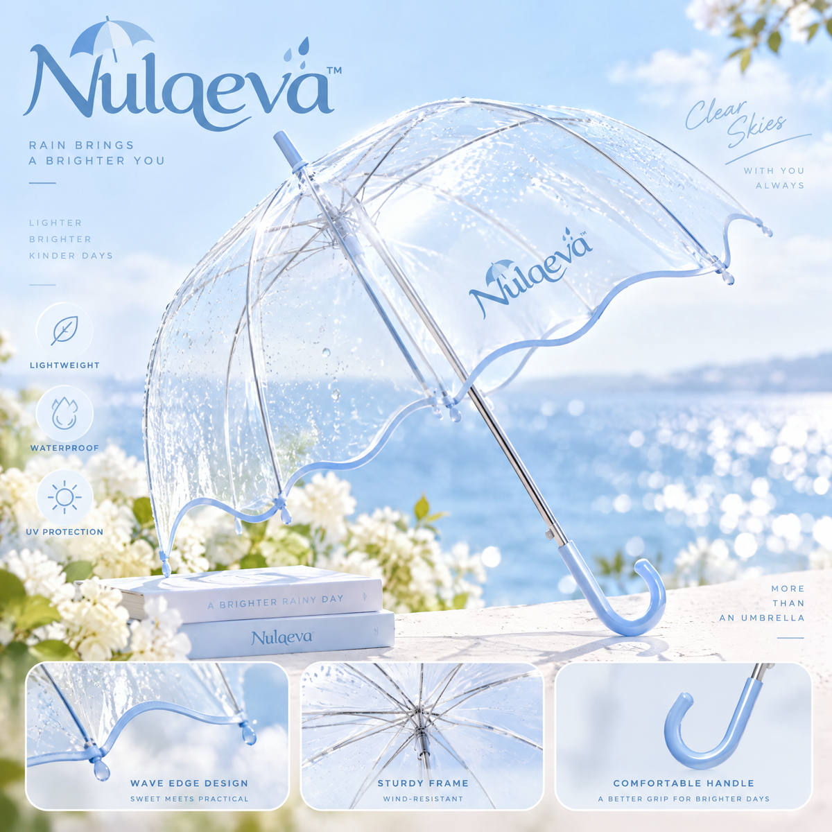Nulqeva™ Clear Bubble Umbrella – Lightweight Windproof Scalloped Dome Umbrella with UV Protection &amp; Classic J-Handle