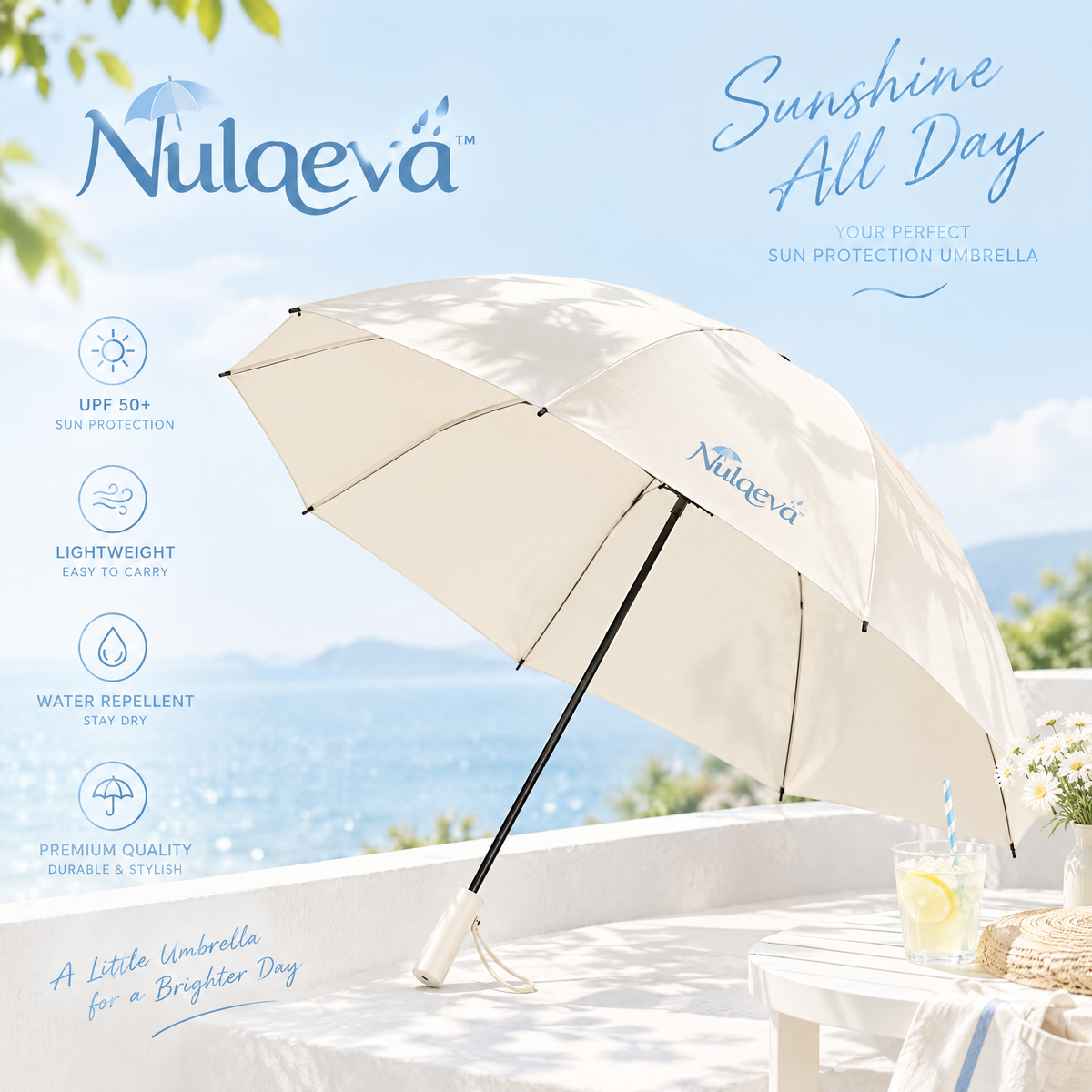 Nulqeva™ UPF 50+ Sun Protection Travel Umbrella – Lightweight, Water-Repellent & Compact Folding Parasol for Sun & Rain