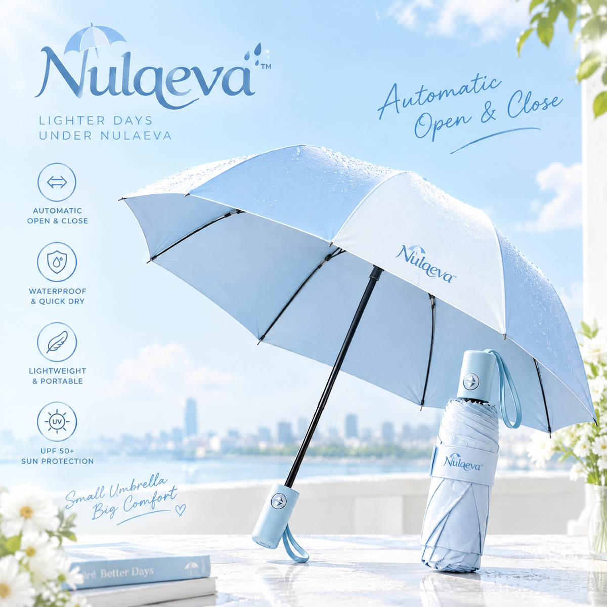 Nulqeva™ Auto Open &amp; Close Travel Umbrella – Lightweight UPF 50+ UV Sun &amp; Quick-Dry Rain Umbrella, Compact &amp; Portable for Purse &amp; Travel (Sky Blue)