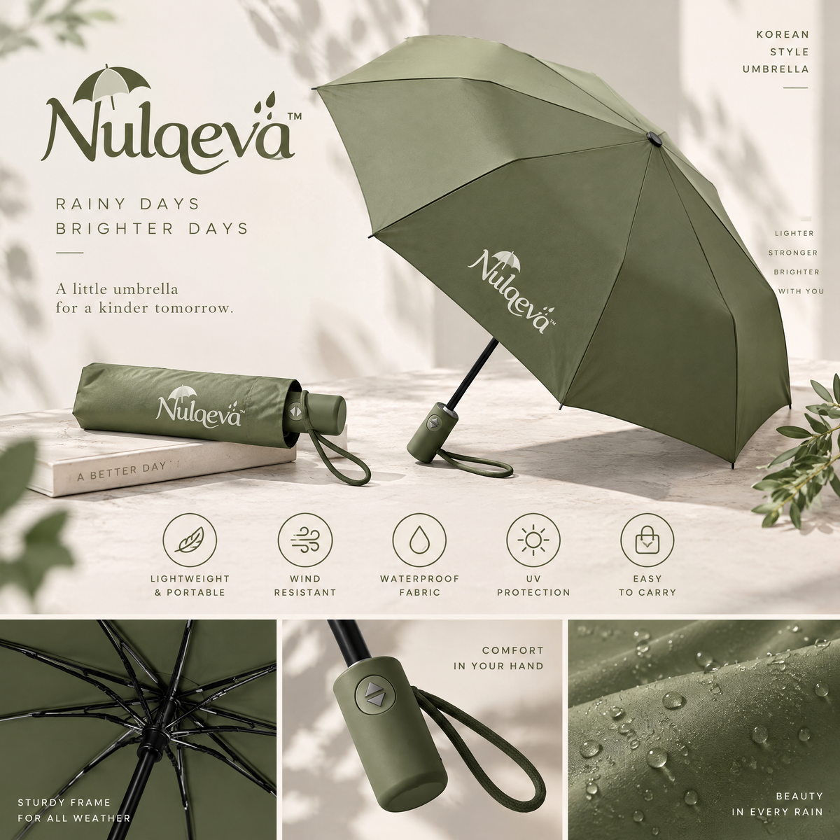 Nulqeva™ Compact Auto Open/Close Windproof Travel Umbrella – Lightweight UV Protection Korean-Style Folding Umbrella for Rain & Sun