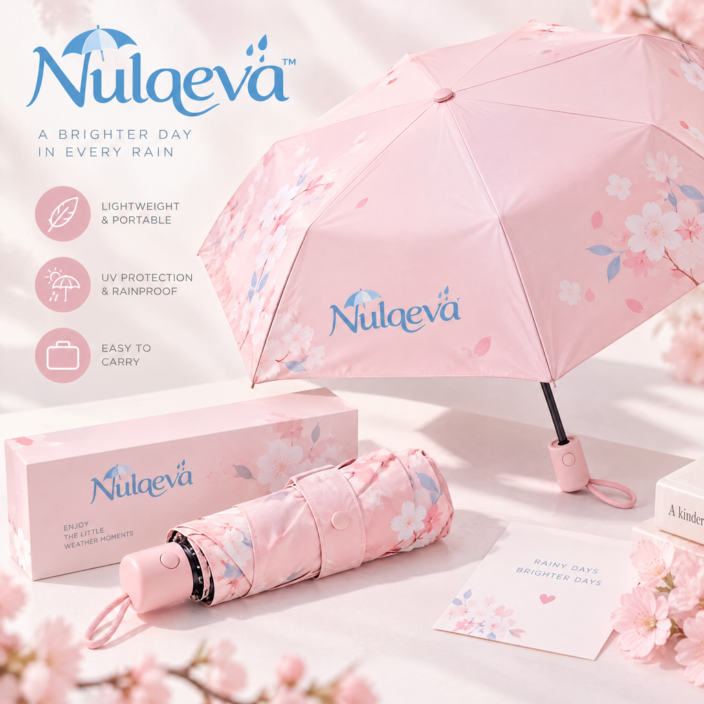 Nulaevä™ Compact Travel Umbrella – Sakura Cherry Blossom Floral Print, Lightweight UV Sun &amp; Rain Umbrella with Aesthetic Gift Box