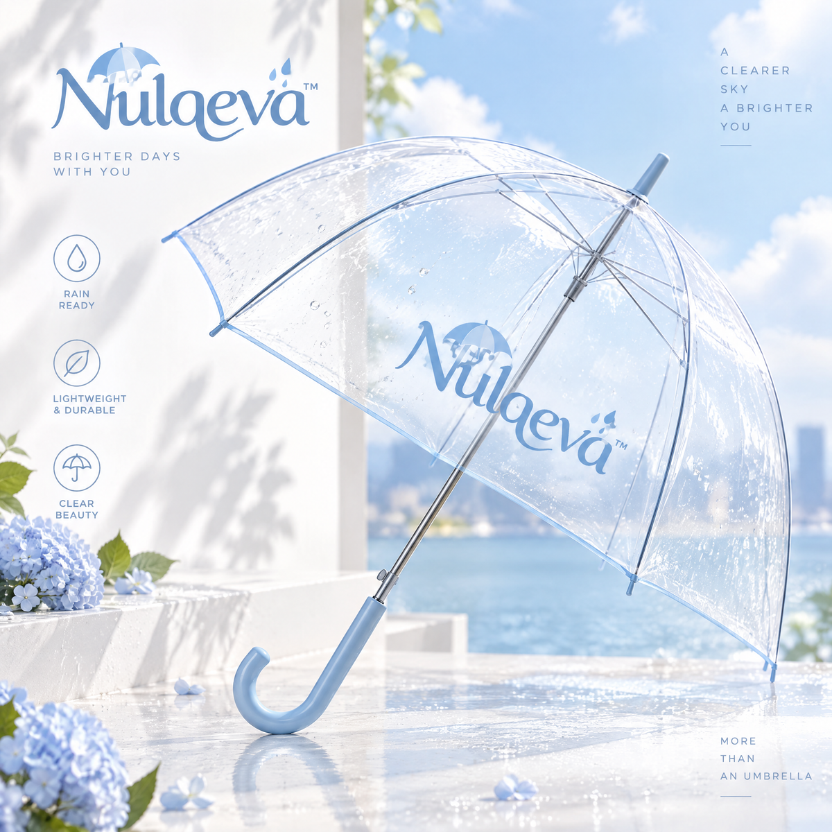 Nulqeva™ Clear Bubble Umbrella – Lightweight Windproof Transparent Dome Rain Umbrella with Sky Blue J-Handle