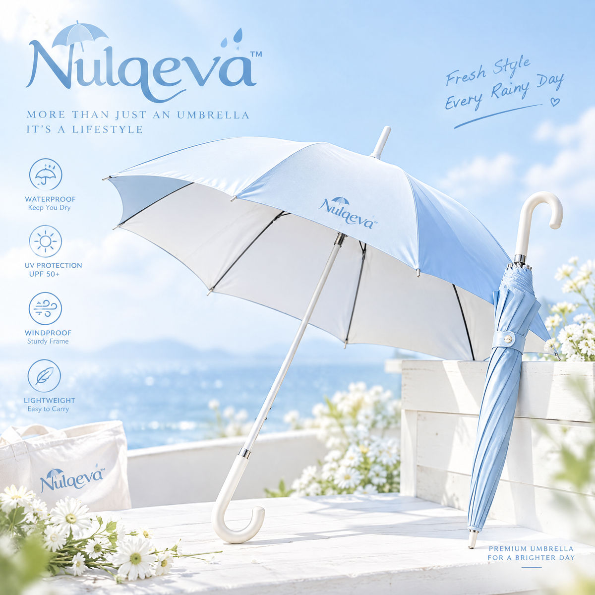 Nulqeva™ Classic Stick Umbrella – UPF 50+ UV & Waterproof Windproof Long Handle Umbrella with J-Hook, Lightweight (Sky Blue)