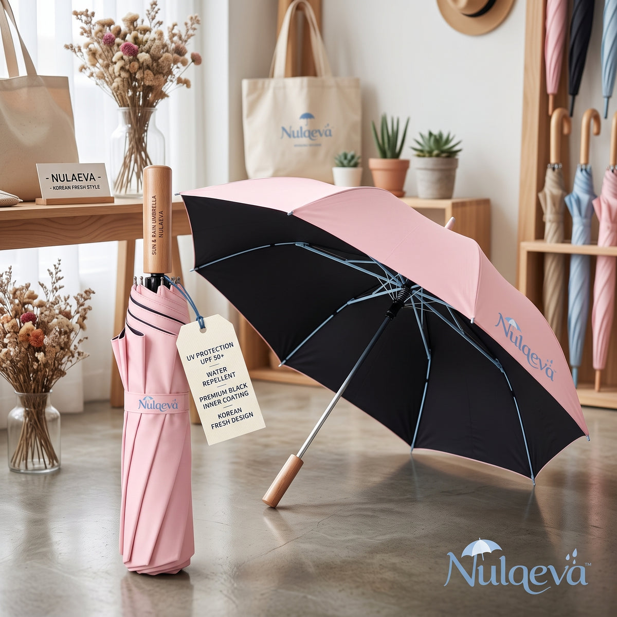 Nulqeva™ UPF 50+ UV Blocking Sun &amp; Rain Folding Umbrella with Natural Wood Handle – Pastel Pink