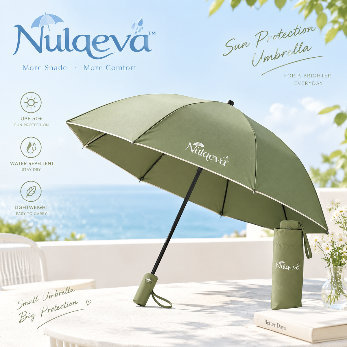Nulqeva™ UPF 50+ Compact Sun &amp; Rain Umbrella – Lightweight, Water-Repellent Travel Umbrella with Carrying Sleeve
