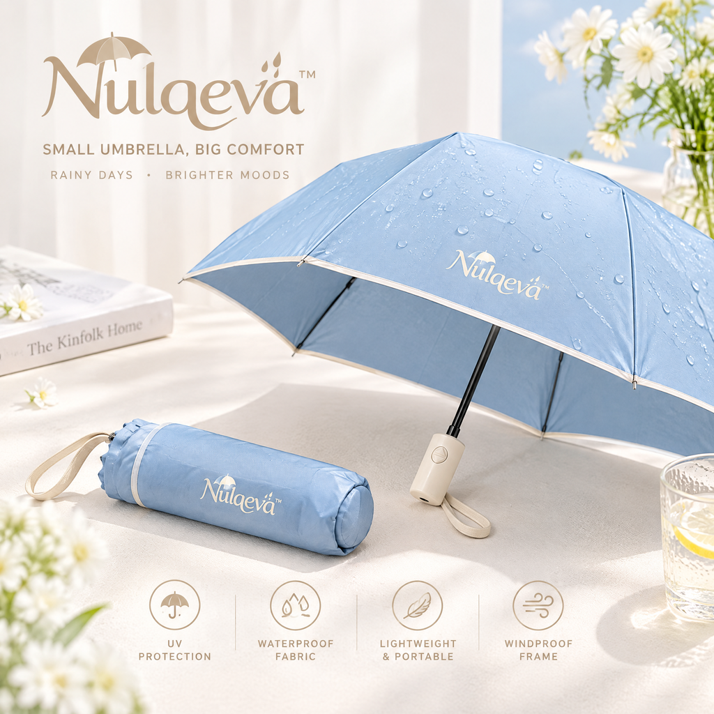 Nulqeva™ Compact Travel Umbrella – Lightweight Windproof UV Sun &amp; Rain Umbrella with Matching Sleeve (Sky Blue)