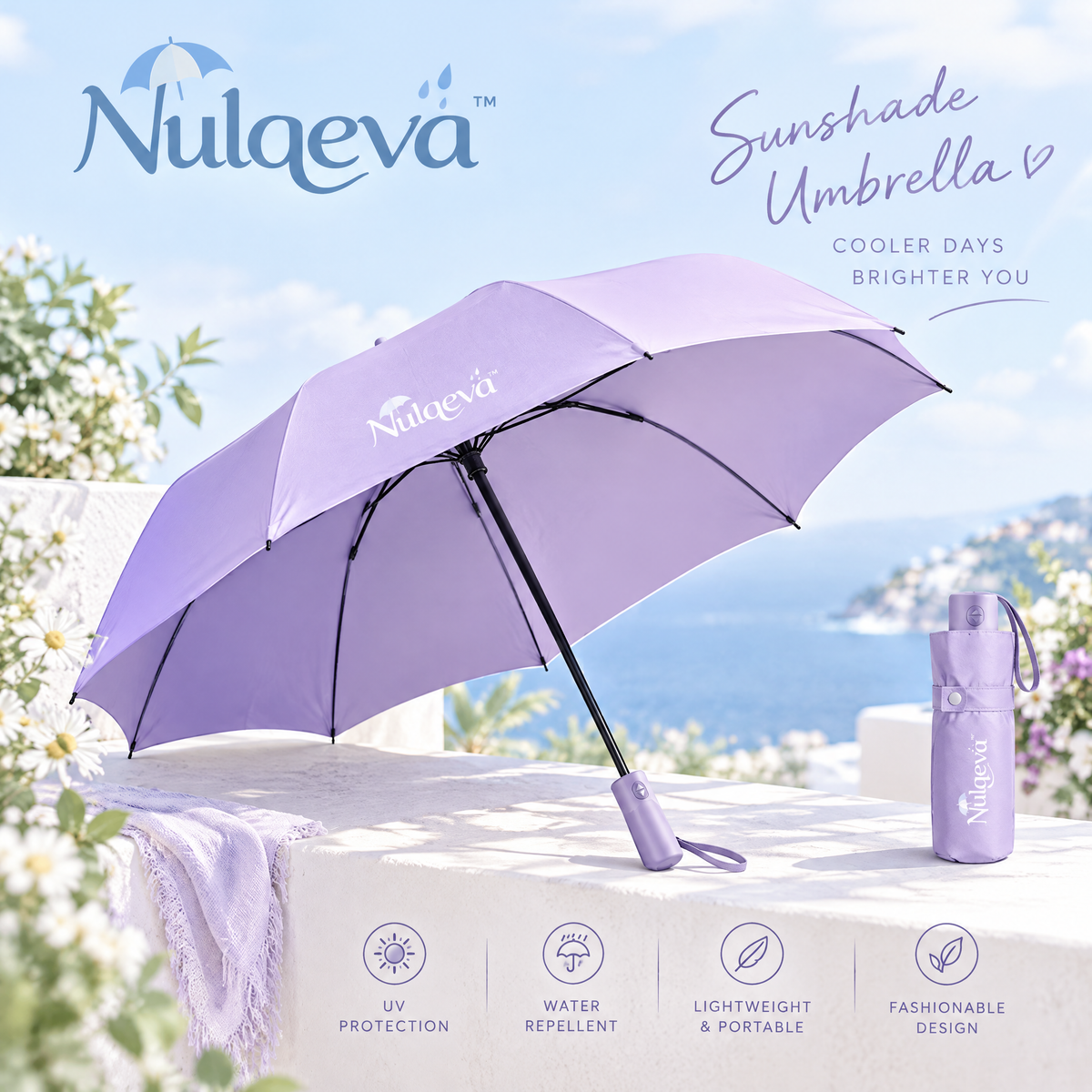 Nulqeva™ Compact Sun &amp; Rain Umbrella – UV-Blocking, Lightweight &amp; Water-Repellent Folding Travel Umbrella with Matching Sleeve (Lavender)