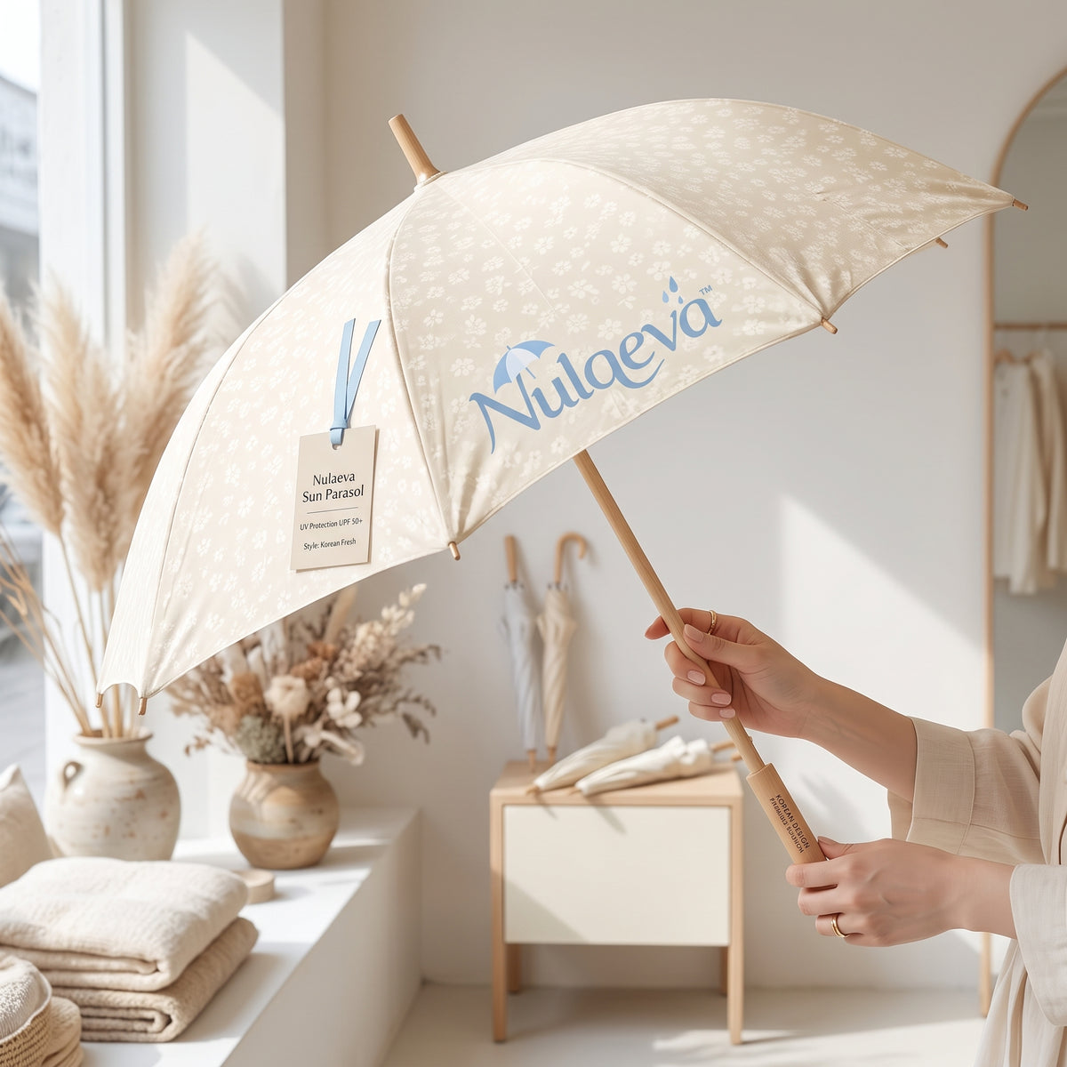 Nulqeva™ UPF 50+ Sun Parasol – Aesthetic Korean Floral UV Umbrella with Natural Wood Handle