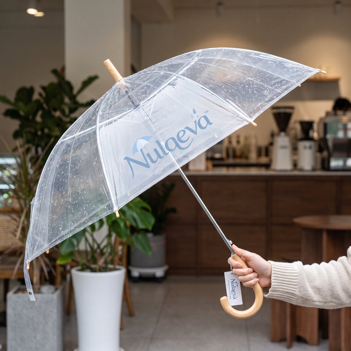 Nulqeva™ Clear Bubble Umbrella with Natural Wood J-Handle – Windproof Transparent Dome Rain Umbrella for Weddings, Commute & Daily Style