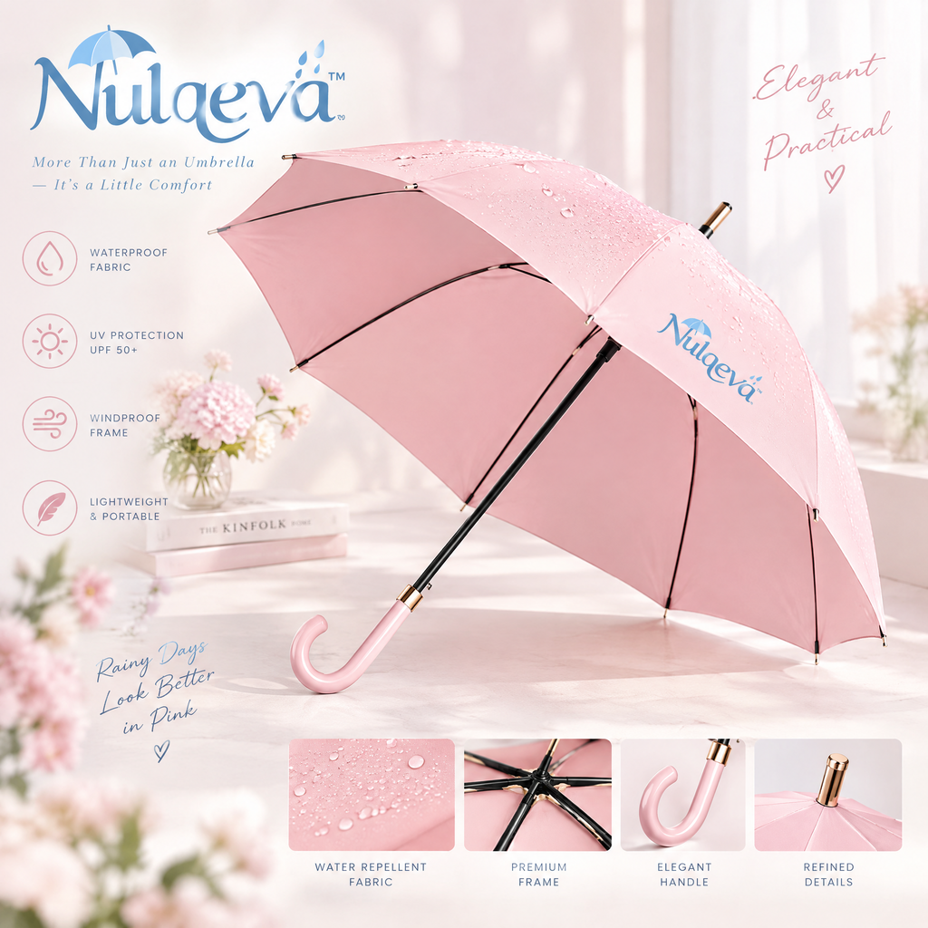 Nulqeva™ Windproof Stick Umbrella for Rain &amp; Sun – UPF 50+ UV Protection, Water-Repellent Lightweight Canopy with Elegant Curved Handle &amp; Gold Accents (Blush Pink)