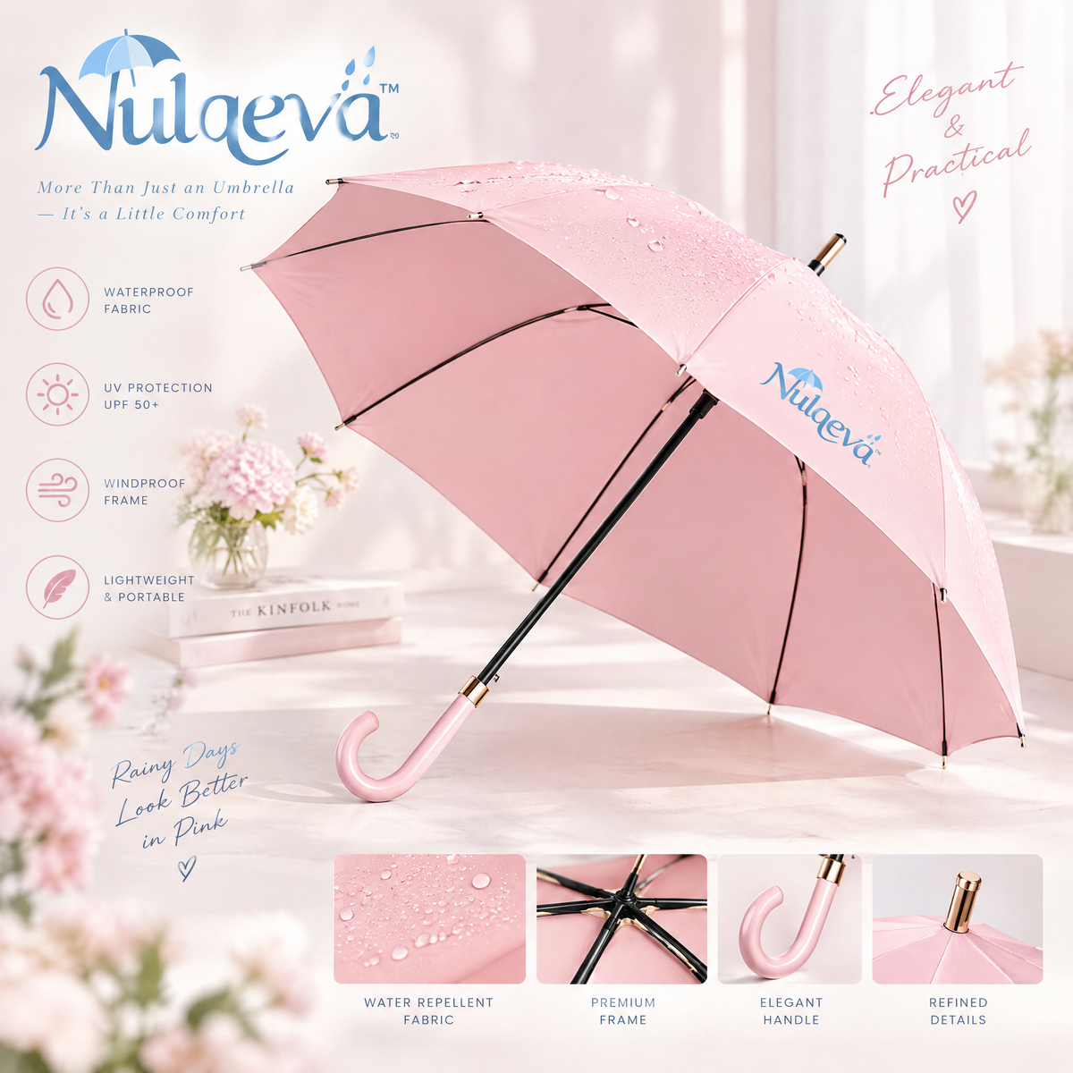 Nulqeva™ Windproof Stick Umbrella for Rain &amp; Sun – UPF 50+ UV Protection, Water-Repellent Lightweight Canopy with Elegant Curved Handle &amp; Gold Accents (Blush Pink)
