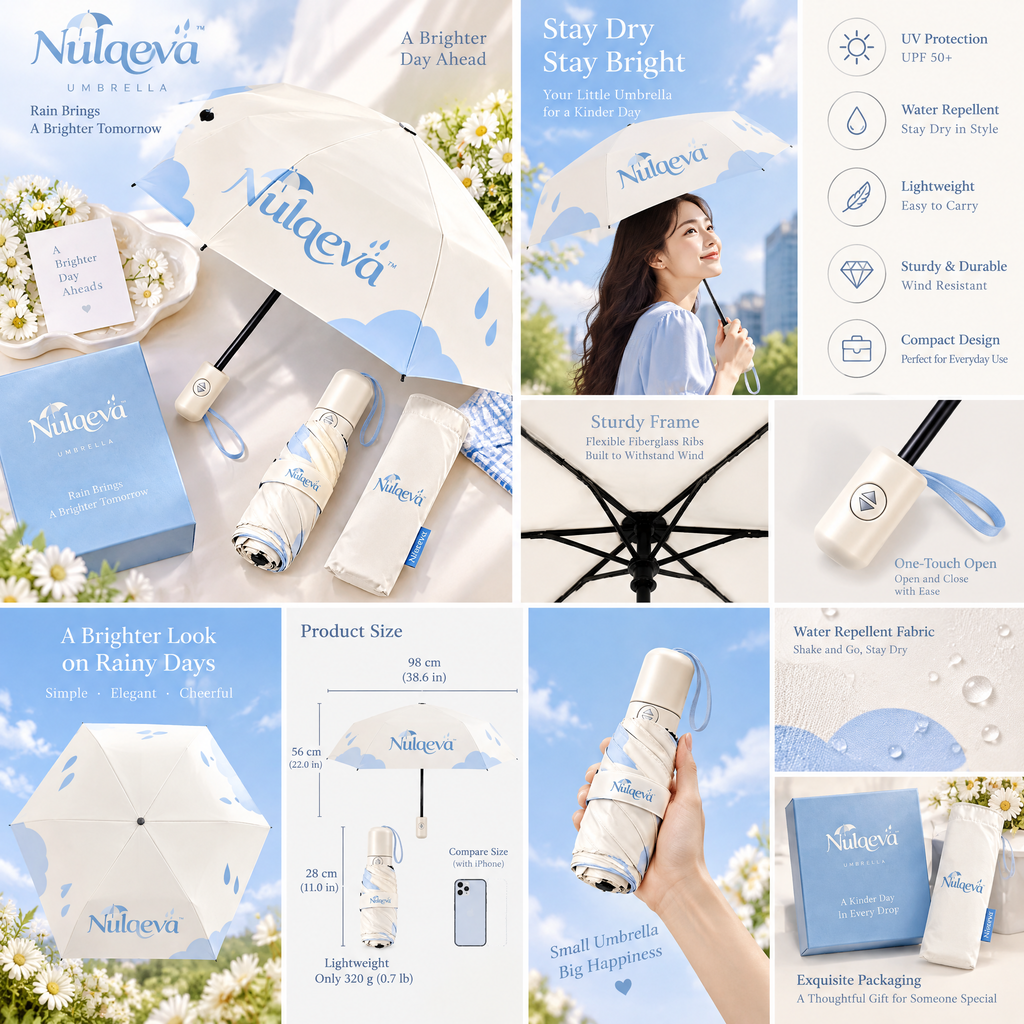 Nulqeva™ Automatic Compact Folding Umbrella – Pastel Cloud &amp; Rain Print, Portable Windproof Umbrella with Matching Sleeve &amp; Gift Box