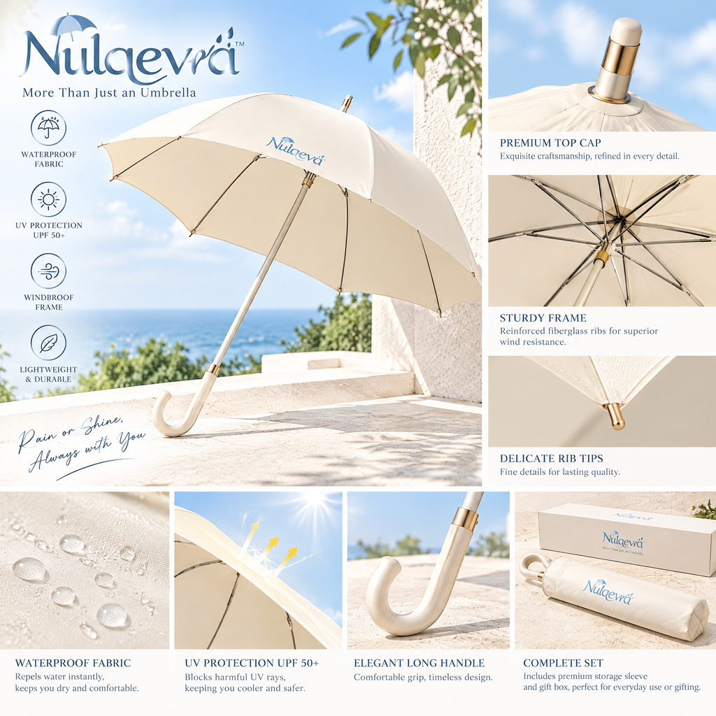 Nulqeva™ Luxury Stick Umbrella – UPF 50+ UV Protection &amp; Windproof Rain Parasol with Elegant J-Handle