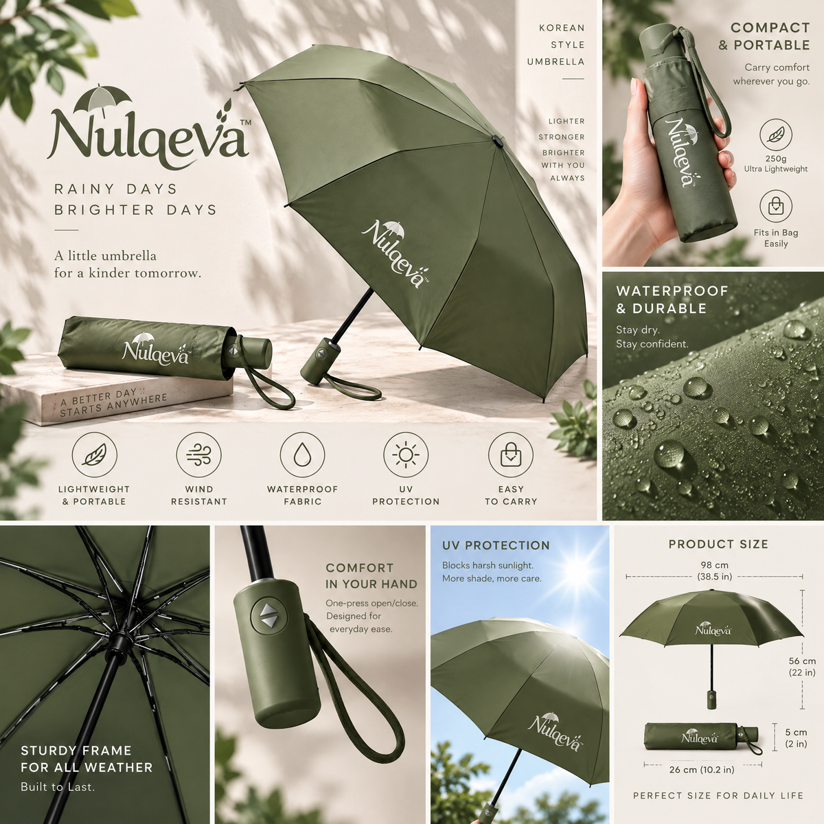 Nulqeva™ Compact Auto Open/Close Windproof Travel Umbrella – Lightweight UV Protection Korean-Style Folding Umbrella for Rain &amp; Sun
