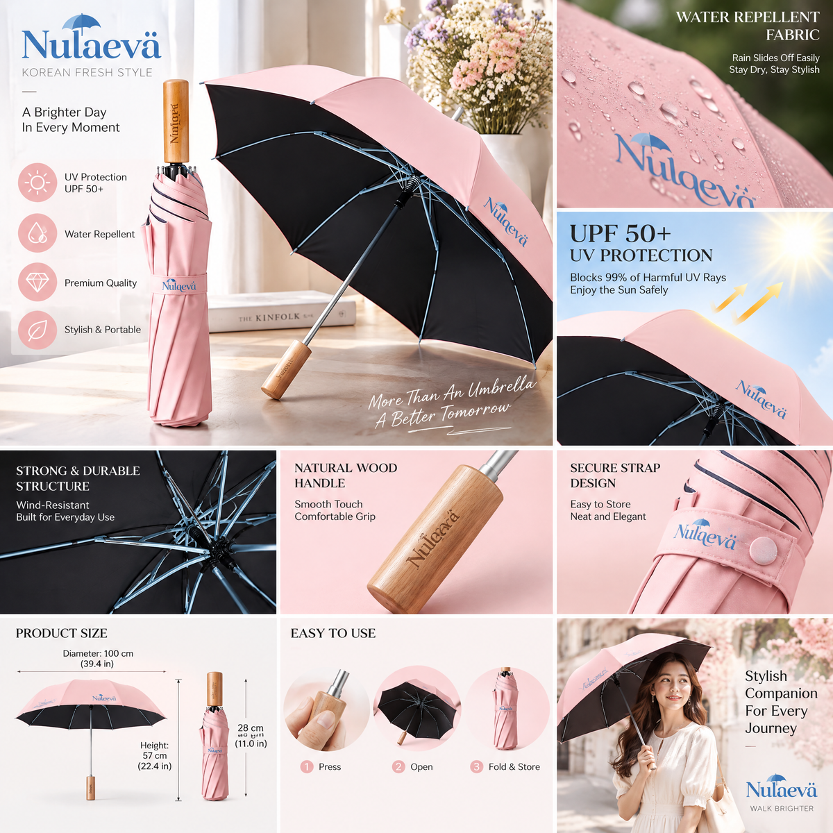 Nulqeva™ UPF 50+ UV Blocking Sun &amp; Rain Folding Umbrella with Natural Wood Handle – Pastel Pink