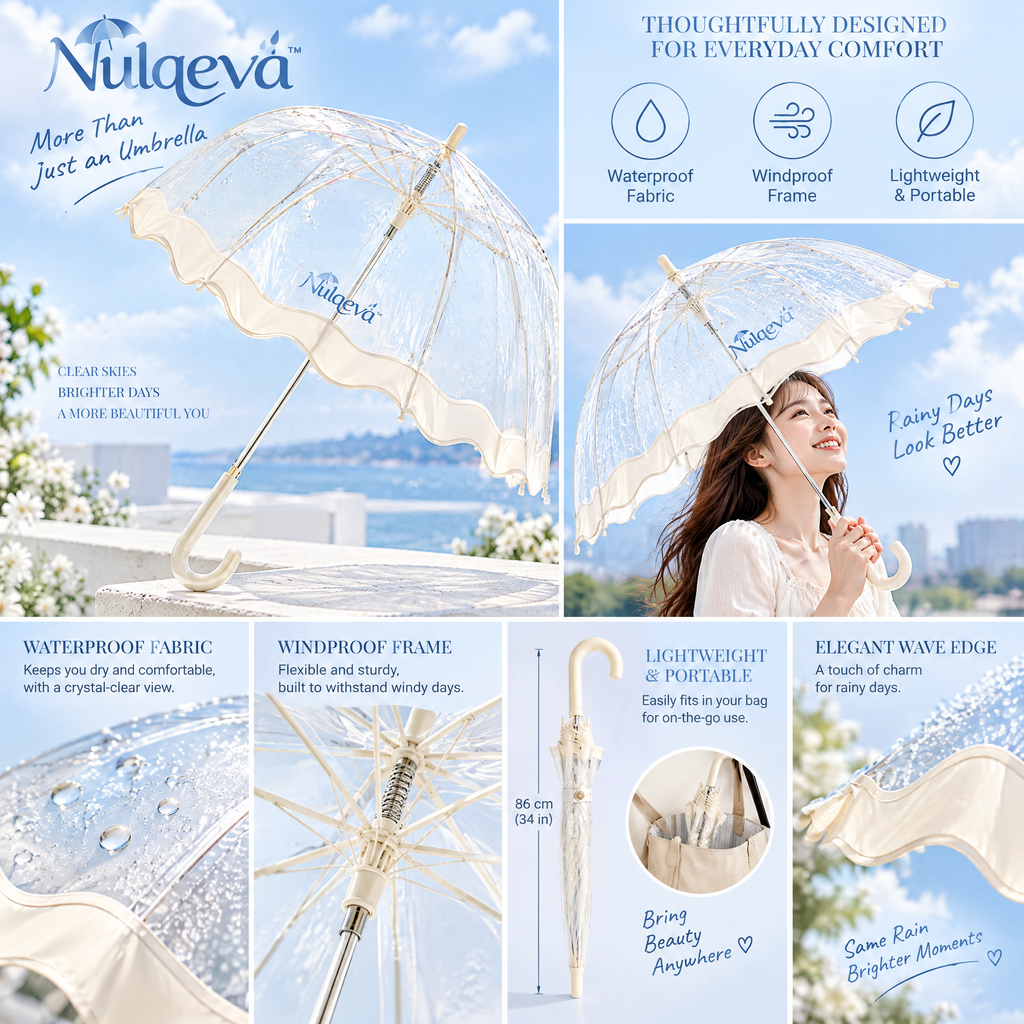 Nulqeva™ Clear Bubble Umbrella with Cream Scalloped Wave Edge – Windproof, Lightweight Transparent Dome Umbrella for Women, Weddings &amp; Daily Rain