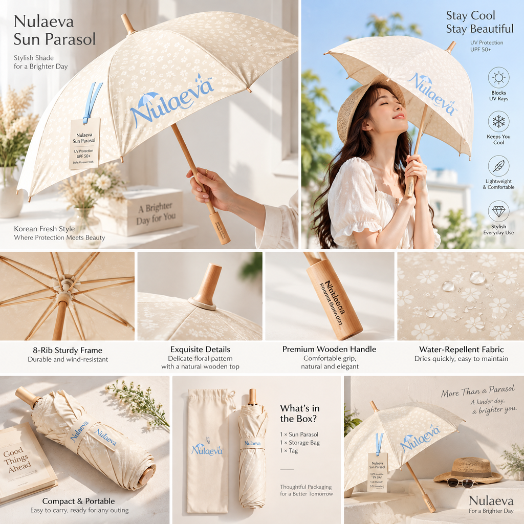 Nulqeva™ UPF 50+ Sun Parasol – Aesthetic Korean Floral UV Umbrella with Natural Wood Handle