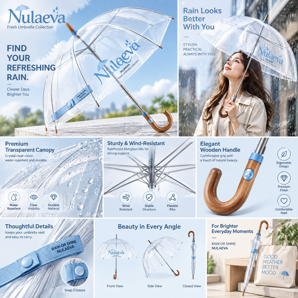 Nulqeva™ K-Fresh Clear Dome Umbrella with Natural Curved Wood Handle