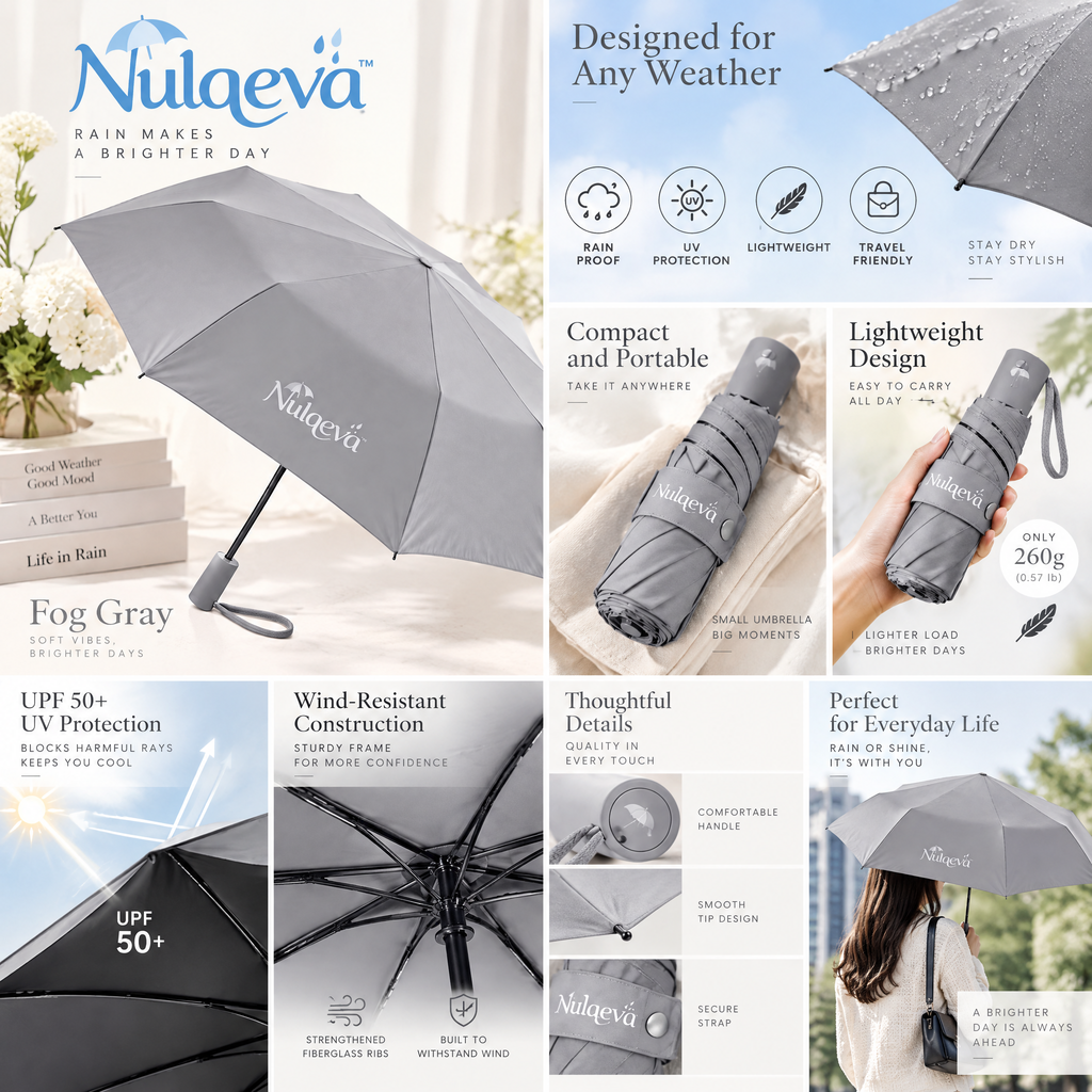 Nulqeva™ Compact Travel Umbrella – Lightweight, Waterproof &amp; UV Protection Mini Folding Umbrella (Fog Gray)