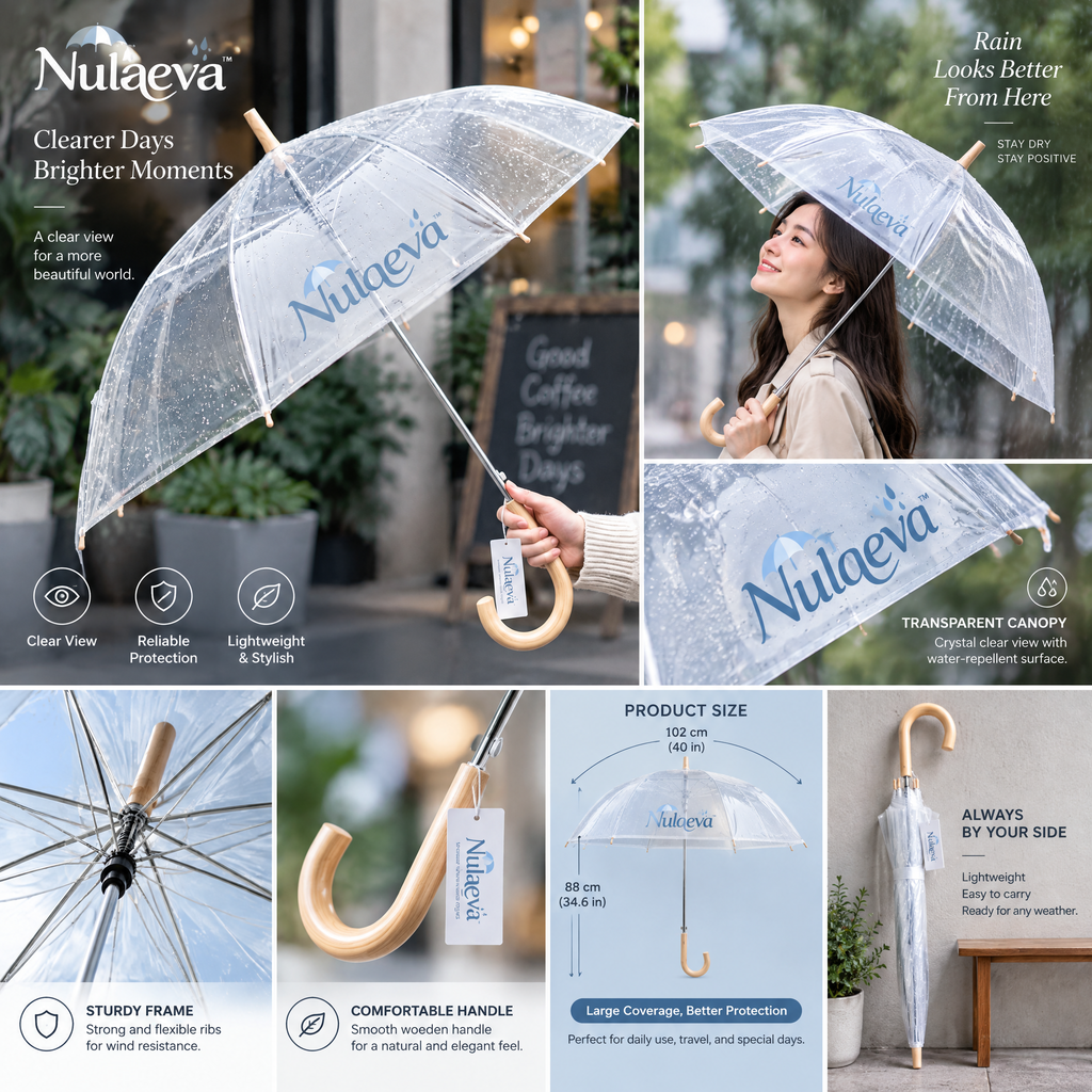 Nulqeva™ Clear Bubble Umbrella with Natural Wood J-Handle – Windproof Transparent Dome Rain Umbrella for Weddings, Commute &amp; Daily Style