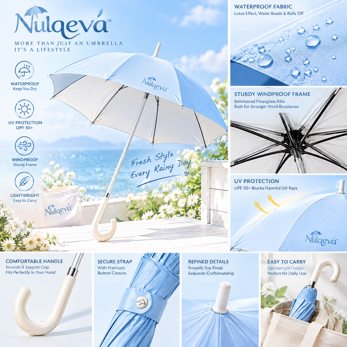 Nulqeva™ Classic Stick Umbrella – UPF 50+ UV &amp; Waterproof Windproof Long Handle Umbrella with J-Hook, Lightweight (Sky Blue)