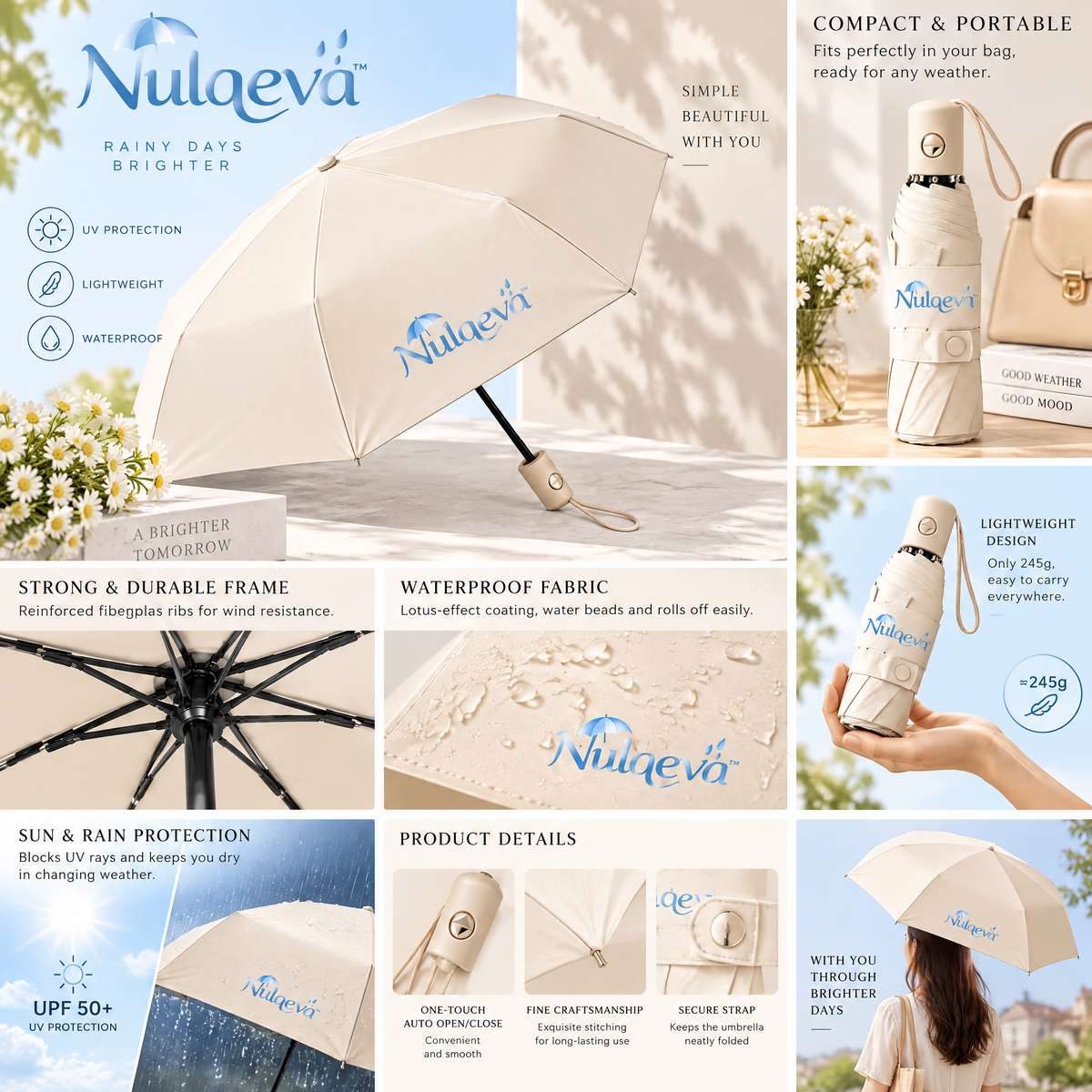 Nulqeva™ Compact Automatic Travel Umbrella – Lightweight, Windproof &amp; Waterproof Folding Rain Umbrella
