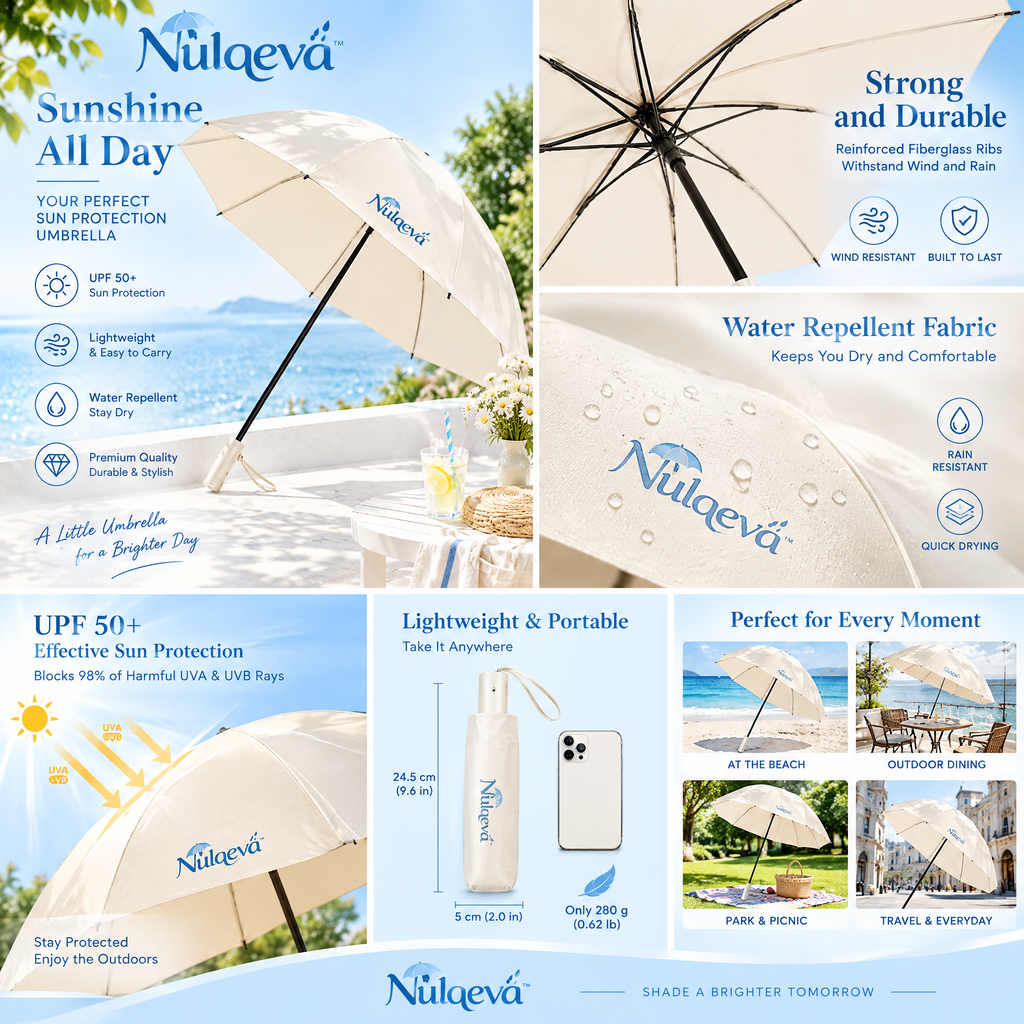 Nulqeva™ UPF 50+ Sun Protection Travel Umbrella – Lightweight, Water-Repellent &amp; Compact Folding Parasol for Sun &amp; Rain