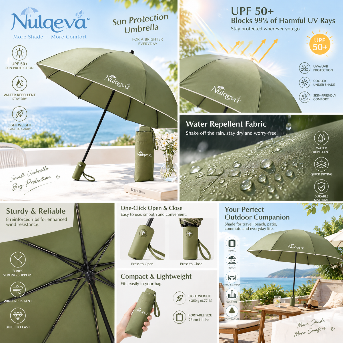 Nulqeva™ UPF 50+ Compact Sun &amp; Rain Umbrella – Lightweight, Water-Repellent Travel Umbrella with Carrying Sleeve