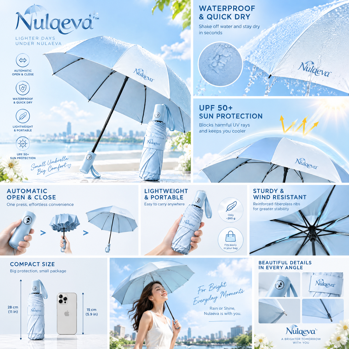 Nulqeva™ Auto Open &amp; Close Travel Umbrella – Lightweight UPF 50+ UV Sun &amp; Quick-Dry Rain Umbrella, Compact &amp; Portable for Purse &amp; Travel (Sky Blue)