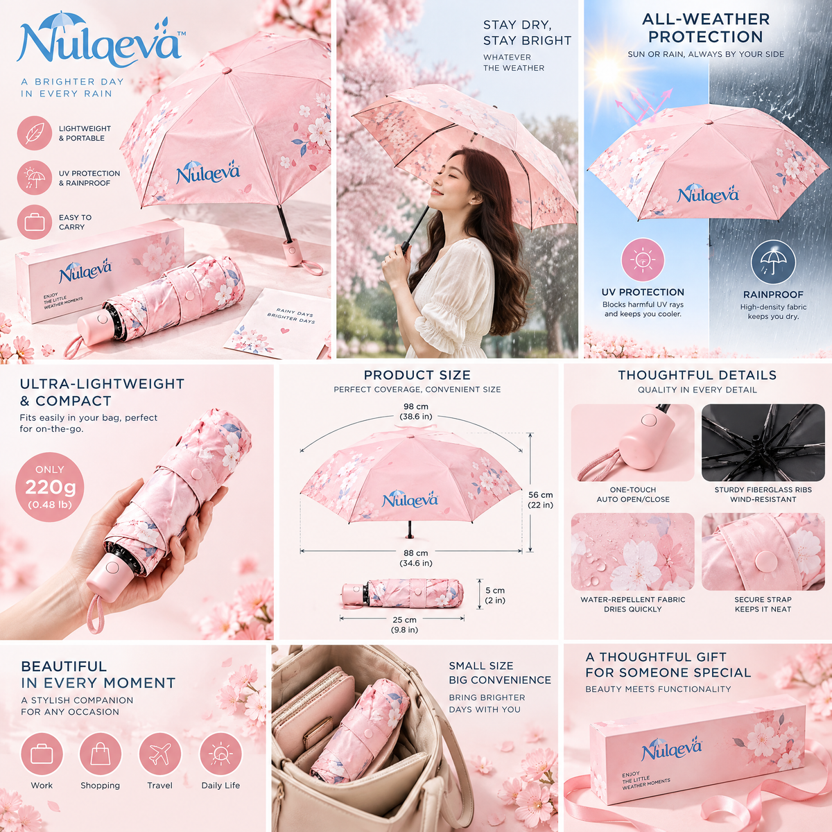 Nulaevä™ Compact Travel Umbrella – Sakura Cherry Blossom Floral Print, Lightweight UV Sun &amp; Rain Umbrella with Aesthetic Gift Box