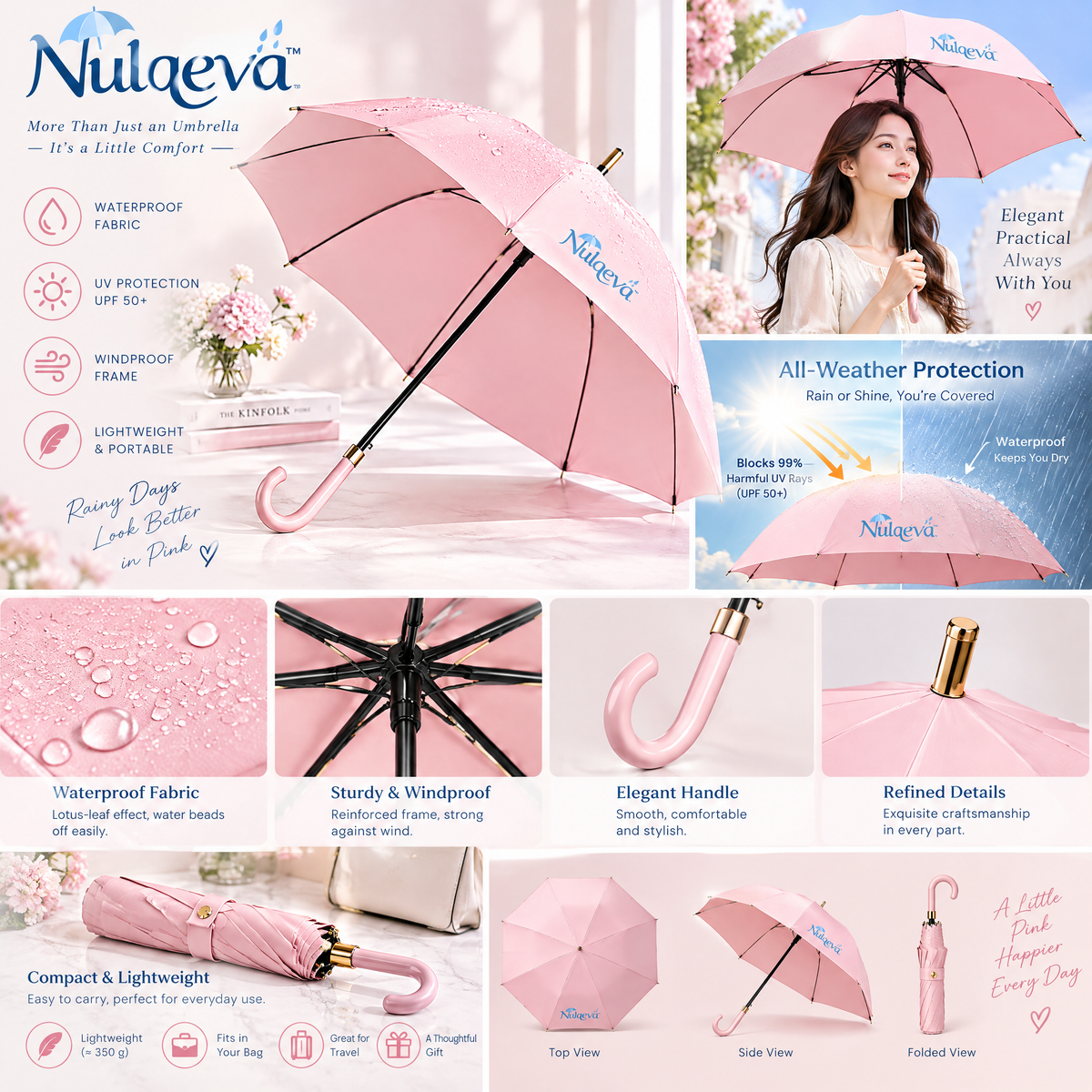 Nulqeva™ Windproof Stick Umbrella for Rain &amp; Sun – UPF 50+ UV Protection, Water-Repellent Lightweight Canopy with Elegant Curved Handle &amp; Gold Accents (Blush Pink)