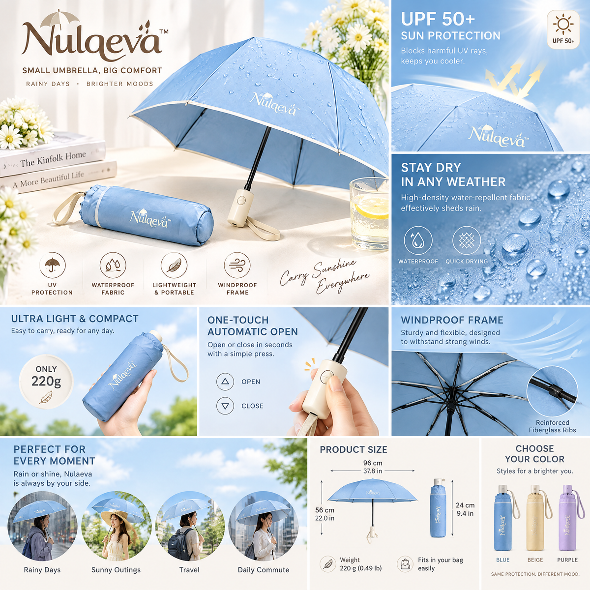 Nulqeva™ Compact Travel Umbrella – Lightweight Windproof UV Sun &amp; Rain Umbrella with Matching Sleeve (Sky Blue)