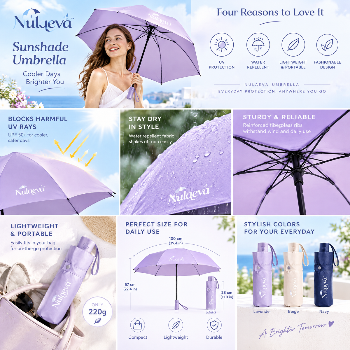 Nulqeva™ Compact Sun &amp; Rain Umbrella – UV-Blocking, Lightweight &amp; Water-Repellent Folding Travel Umbrella with Matching Sleeve (Lavender)