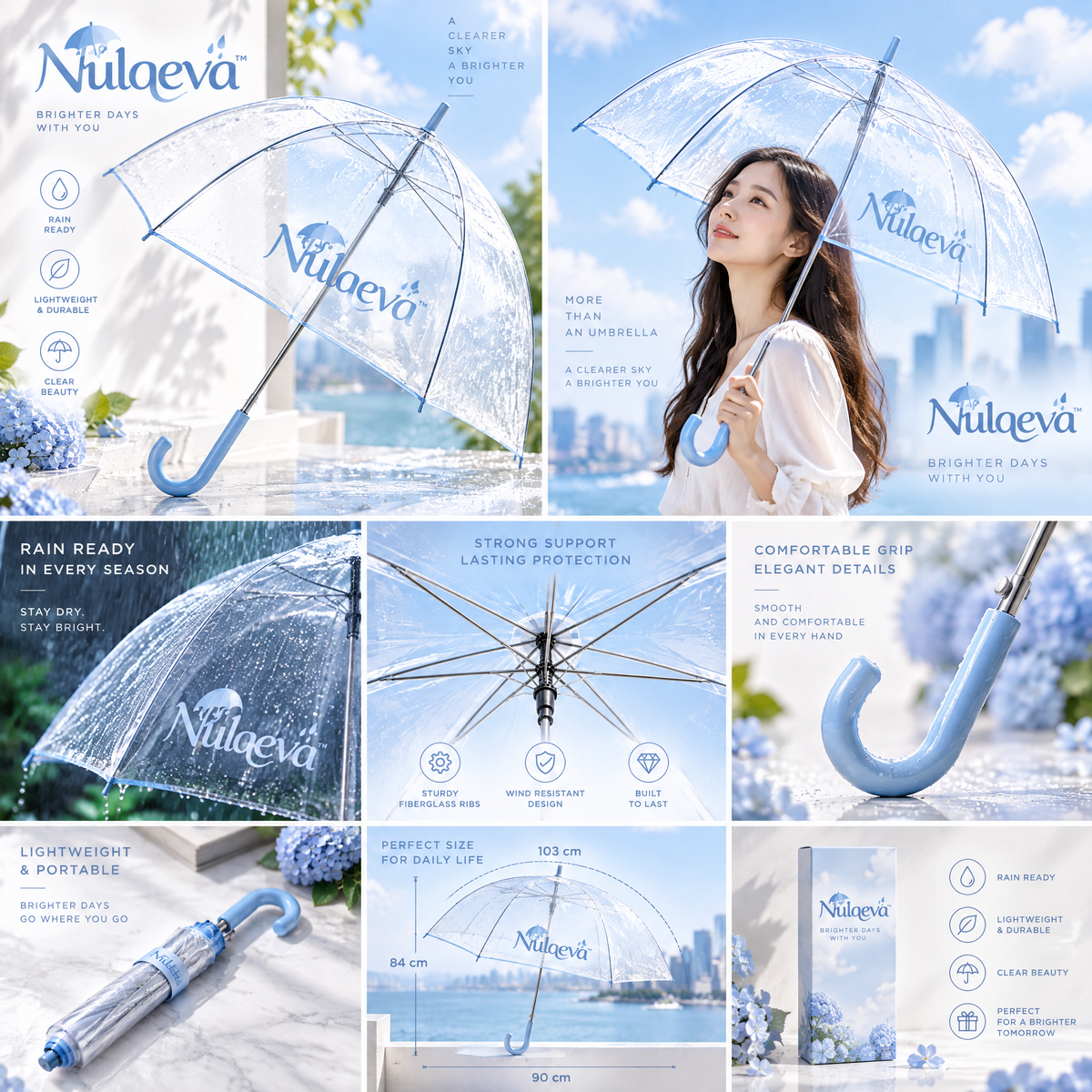 Nulqeva™ Clear Bubble Umbrella – Lightweight Windproof Transparent Dome Rain Umbrella with Sky Blue J-Handle
