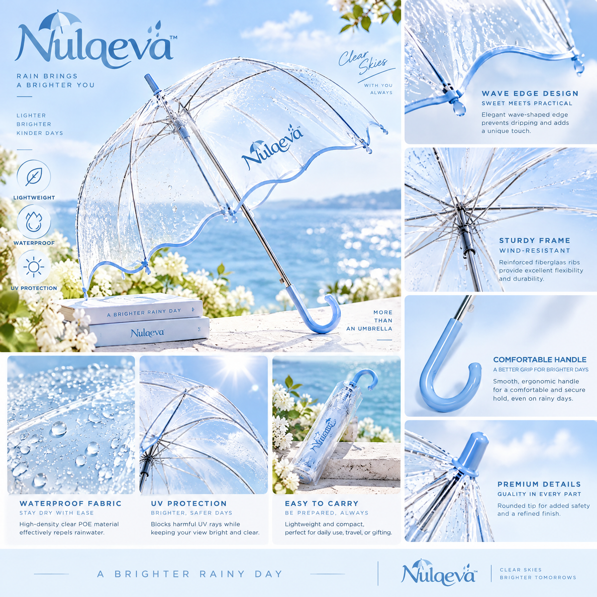 Nulqeva™ Clear Bubble Umbrella – Lightweight Windproof Scalloped Dome Umbrella with UV Protection &amp; Classic J-Handle