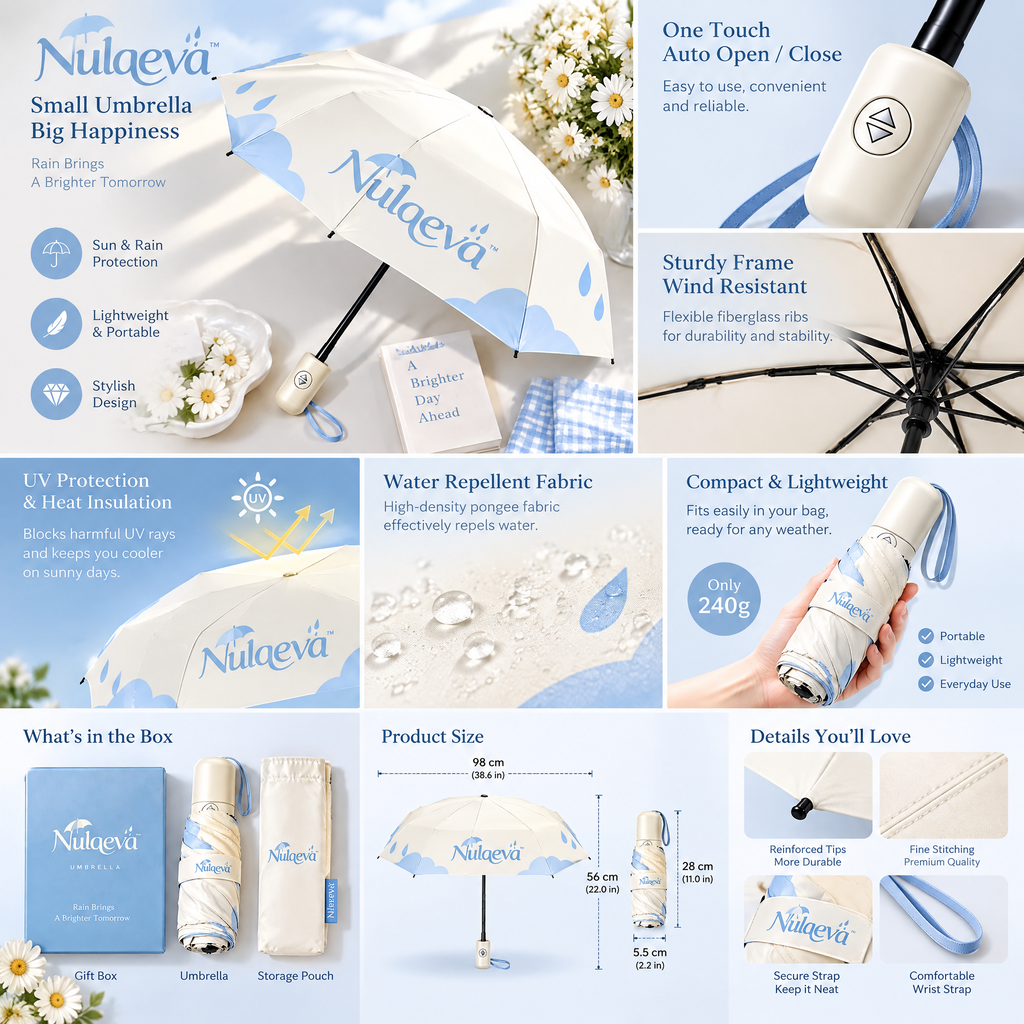 Nulqeva™ Automatic Compact Folding Umbrella – Pastel Cloud &amp; Rain Print, Portable Windproof Umbrella with Matching Sleeve &amp; Gift Box