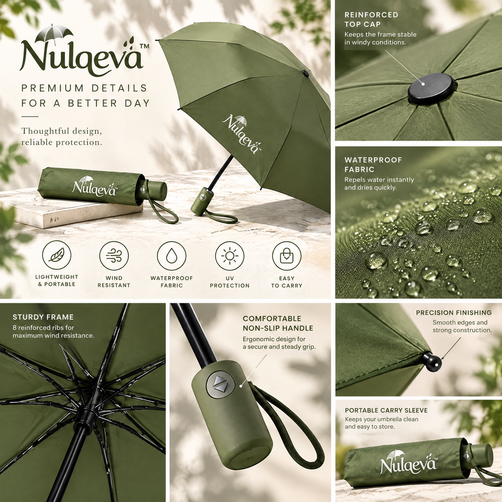 Nulqeva™ Compact Auto Open/Close Windproof Travel Umbrella – Lightweight UV Protection Korean-Style Folding Umbrella for Rain &amp; Sun