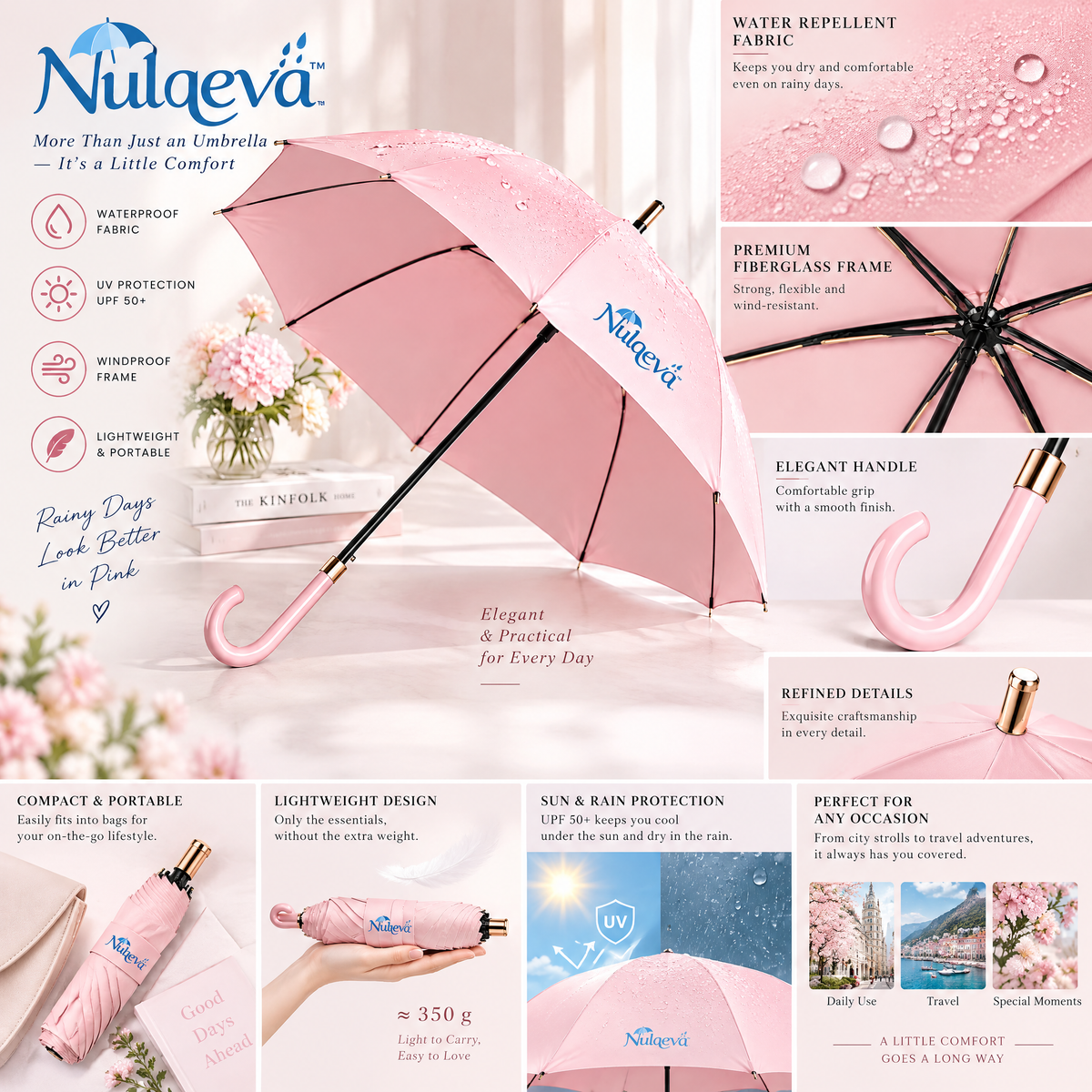 Nulqeva™ Windproof Stick Umbrella for Rain &amp; Sun – UPF 50+ UV Protection, Water-Repellent Lightweight Canopy with Elegant Curved Handle &amp; Gold Accents (Blush Pink)