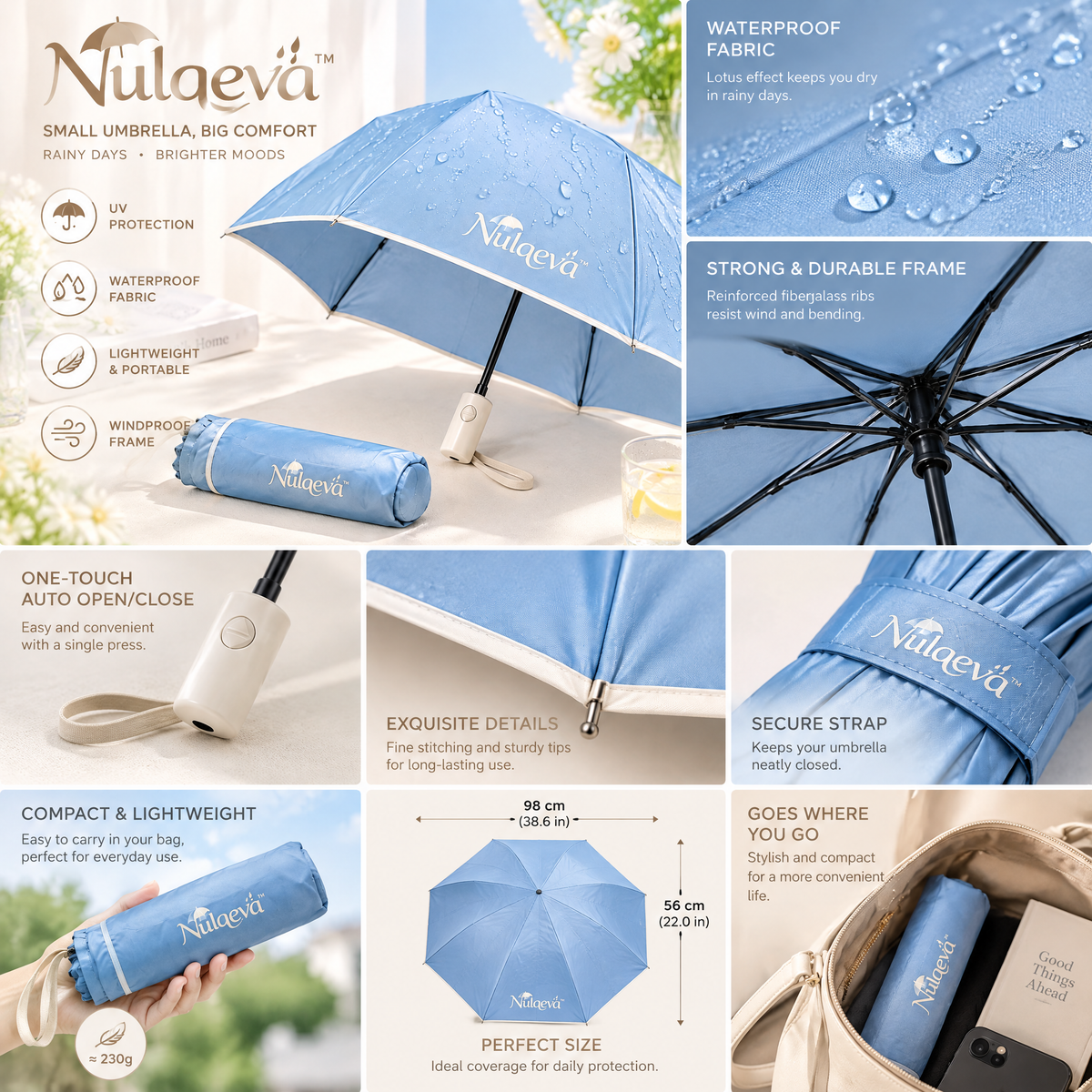 Nulqeva™ Compact Travel Umbrella – Lightweight Windproof UV Sun &amp; Rain Umbrella with Matching Sleeve (Sky Blue)