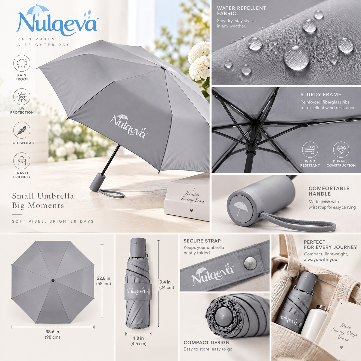 Nulqeva™ Compact Travel Umbrella – Lightweight, Waterproof &amp; UV Protection Mini Folding Umbrella (Fog Gray)