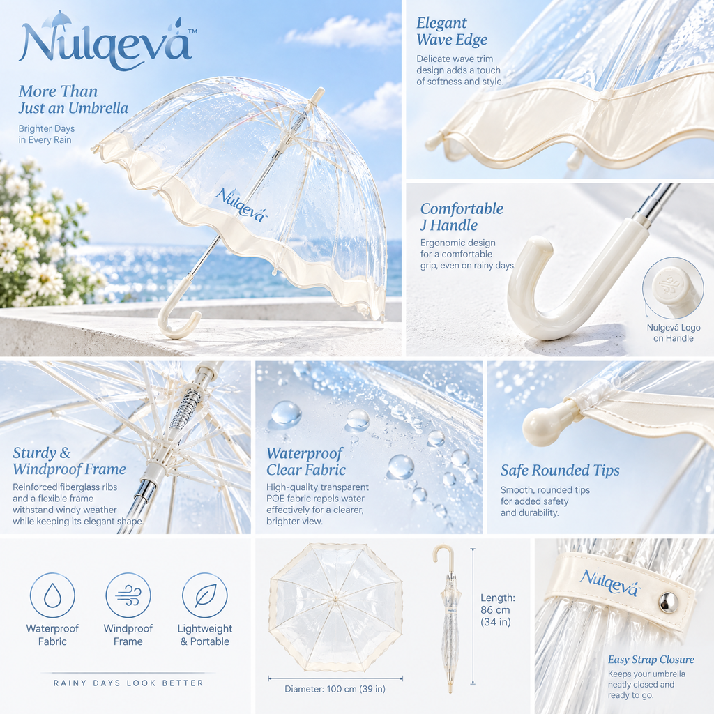 Nulqeva™ Clear Bubble Umbrella with Cream Scalloped Wave Edge – Windproof, Lightweight Transparent Dome Umbrella for Women, Weddings &amp; Daily Rain