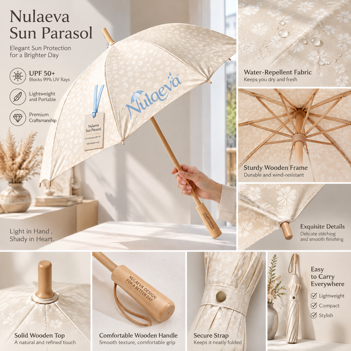 Nulqeva™ UPF 50+ Sun Parasol – Aesthetic Korean Floral UV Umbrella with Natural Wood Handle