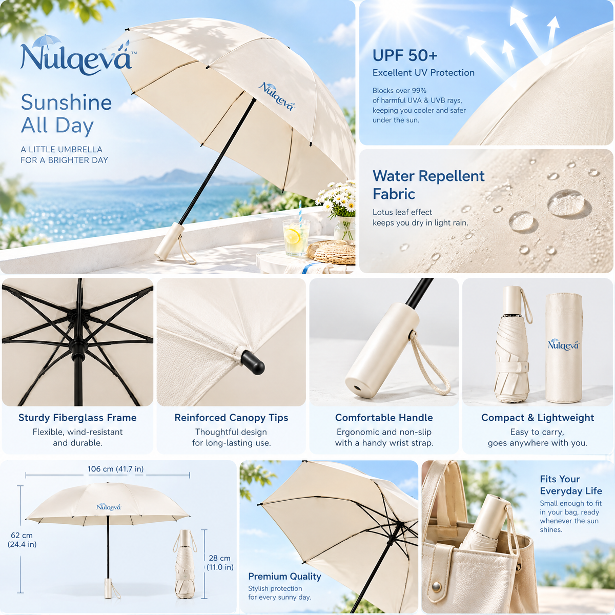 Nulqeva™ UPF 50+ Sun Protection Travel Umbrella – Lightweight, Water-Repellent &amp; Compact Folding Parasol for Sun &amp; Rain