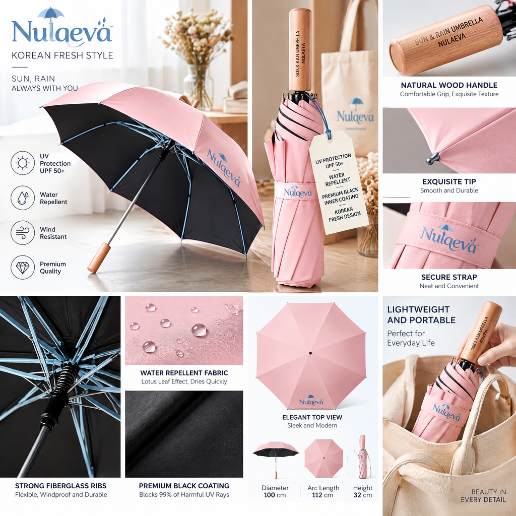 Nulqeva™ UPF 50+ UV Blocking Sun &amp; Rain Folding Umbrella with Natural Wood Handle – Pastel Pink