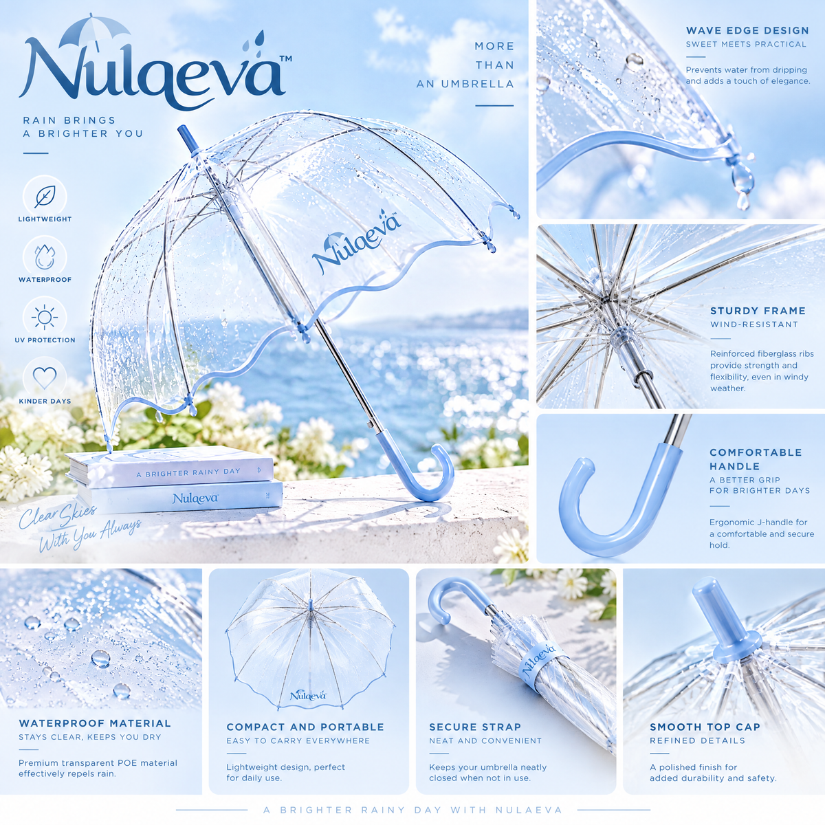 Nulqeva™ Clear Bubble Umbrella – Lightweight Windproof Scalloped Dome Umbrella with UV Protection &amp; Classic J-Handle