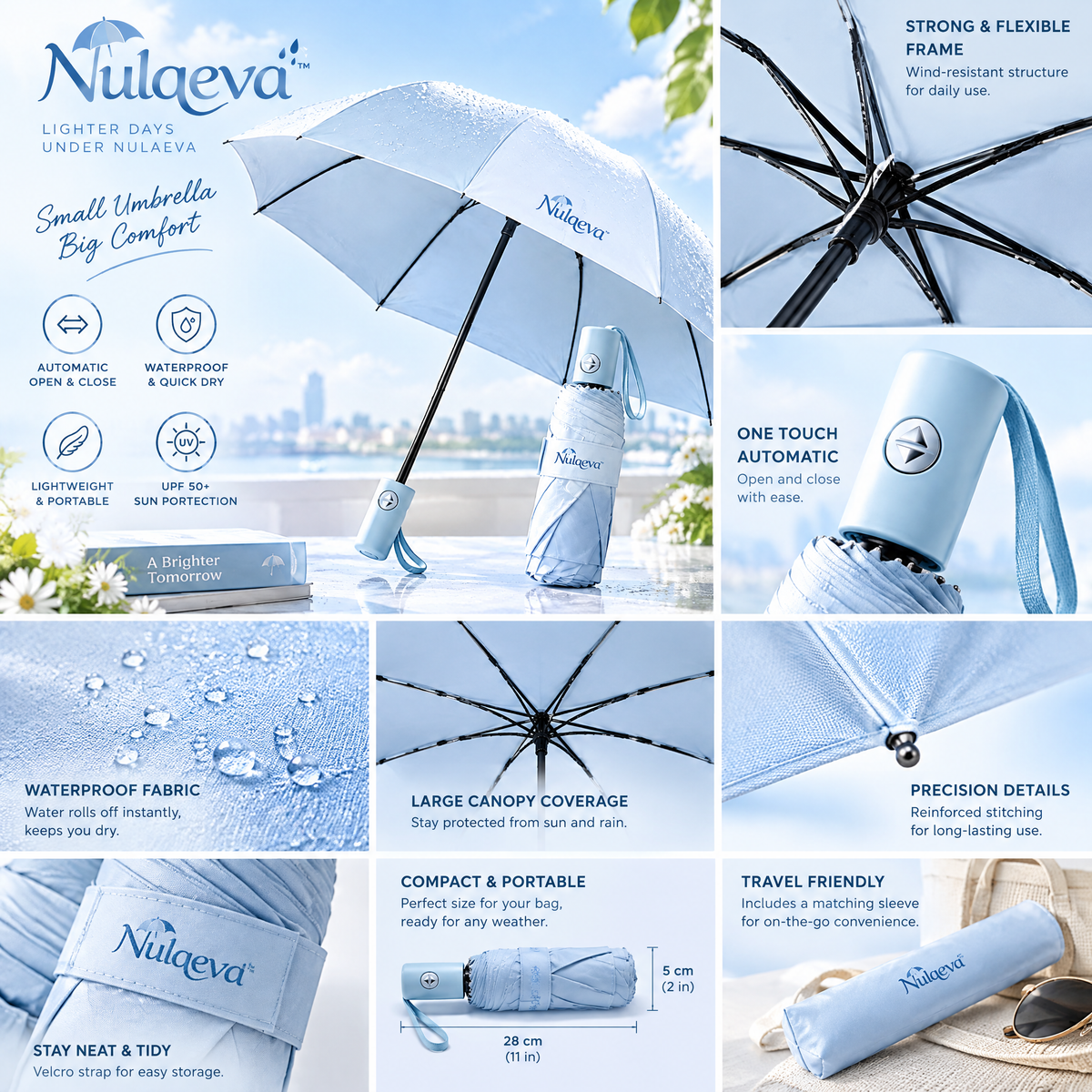 Nulqeva™ Auto Open &amp; Close Travel Umbrella – Lightweight UPF 50+ UV Sun &amp; Quick-Dry Rain Umbrella, Compact &amp; Portable for Purse &amp; Travel (Sky Blue)