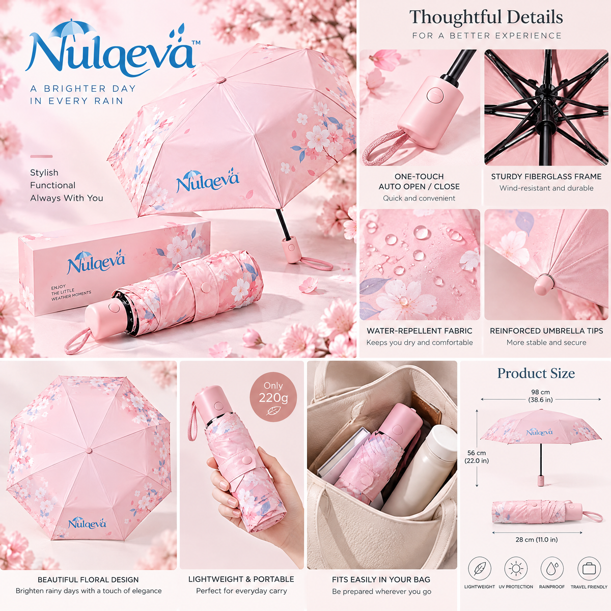 Nulaevä™ Compact Travel Umbrella – Sakura Cherry Blossom Floral Print, Lightweight UV Sun &amp; Rain Umbrella with Aesthetic Gift Box