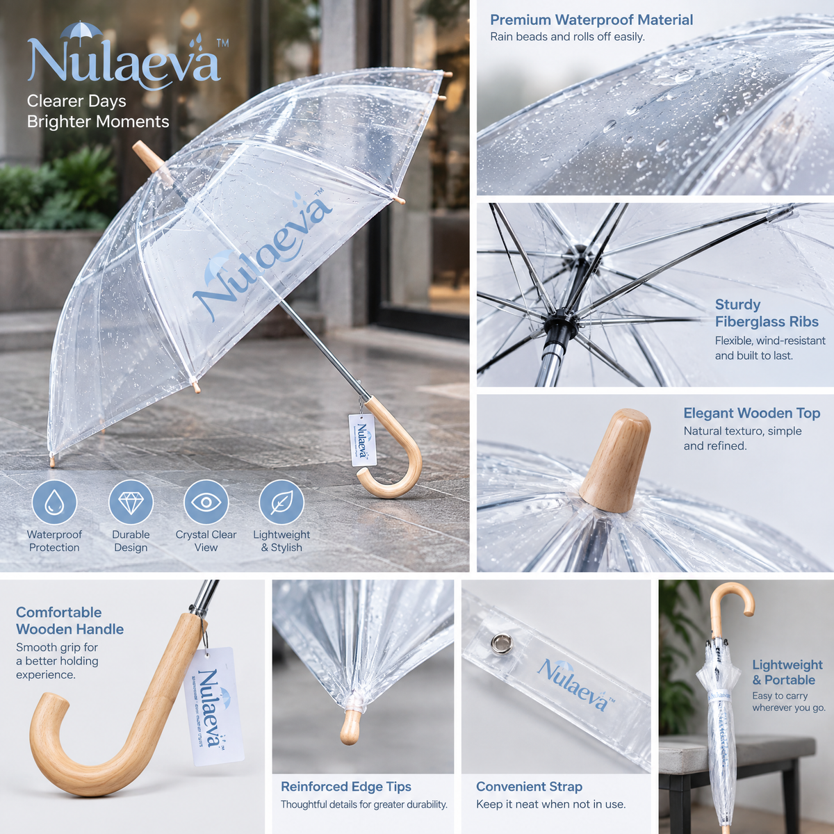 Nulqeva™ Clear Bubble Umbrella with Natural Wood J-Handle – Windproof Transparent Dome Rain Umbrella for Weddings, Commute &amp; Daily Style