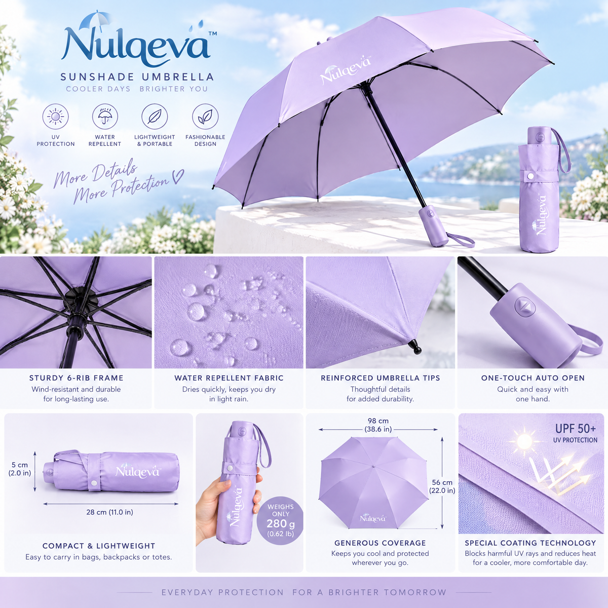 Nulqeva™ Compact Sun &amp; Rain Umbrella – UV-Blocking, Lightweight &amp; Water-Repellent Folding Travel Umbrella with Matching Sleeve (Lavender)